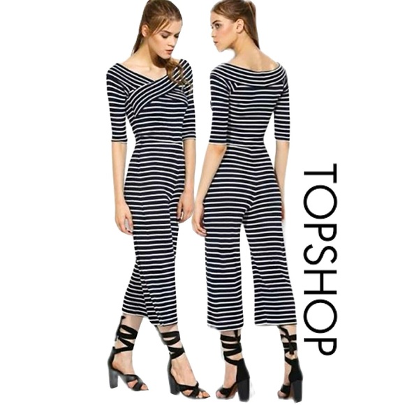 Topshop Pants - TOPSHOP Bardot Off The Shoulder Jumpsuit Navy & White  Sz 6